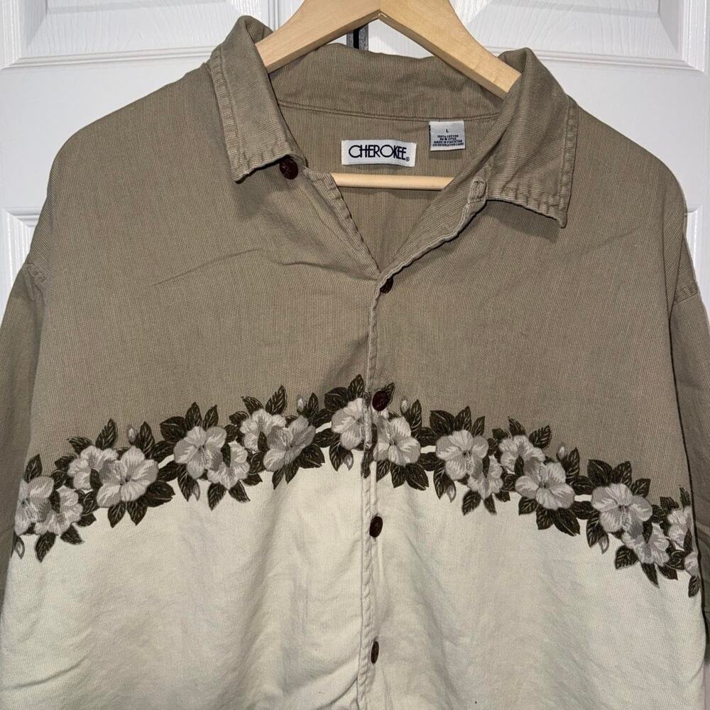 Vintage cherokee brown beige button up floral cotton shirt size XL